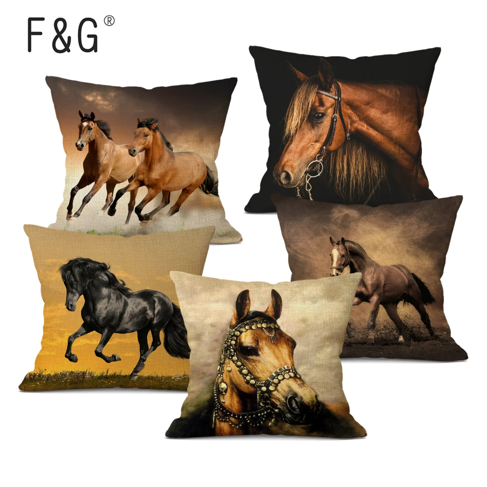 

Running Horses Cushion Cover Tropical Style Linen Cotton Printing Throw Pillow Covers 45Cmx45Cm Square Home Decor Pillow Case