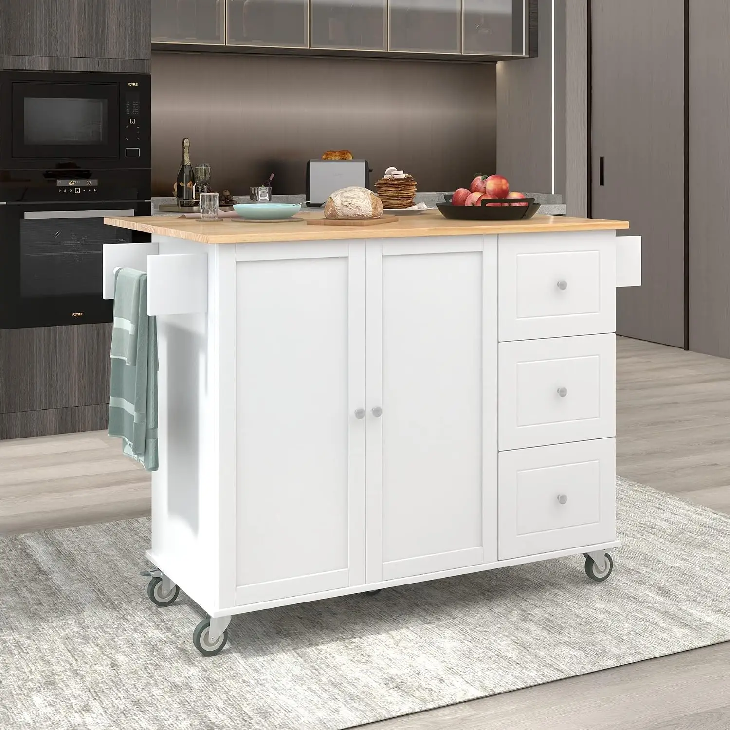 52.7 52.7 Inch Rolling Kitchen Island Solid Wood Top Locking Wheels Storage Cabinet Drop Leaf Bar Spice & Towel Rack, Customized - Aliexpress Deal