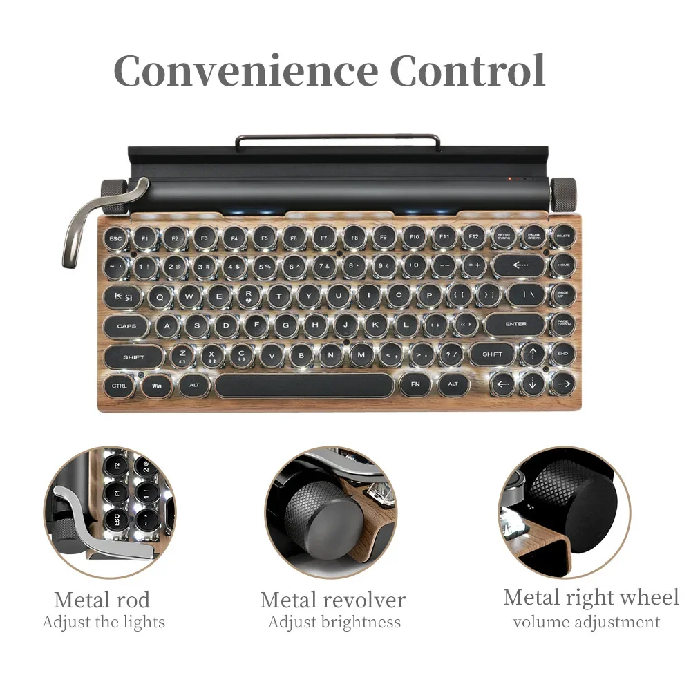 Typewriter Keyboard 83 Keys Vintage Wireless Mechanical Keyboard with Metal Round Blue Switch Mechanical Keyboard