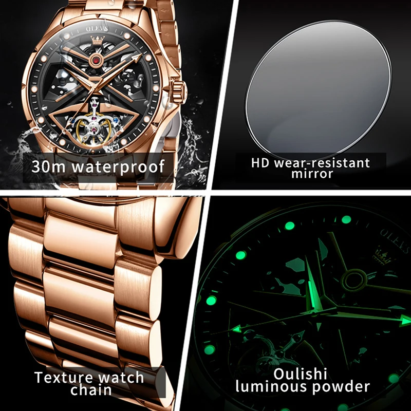 OLEVS Luxury Personalized Men Mechanical Watch 2024 New Fashion Rose Gold Strap Tourbillon Men Watch Luminous Waterproof 6655