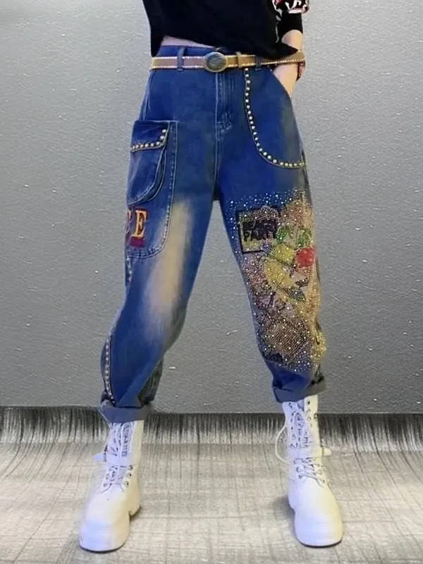 

Джинсы для папы с высокой талией, женские джинсовые брюки Харлан со стразами, осенние модные утягивающие европейские повседневные широкие брюки