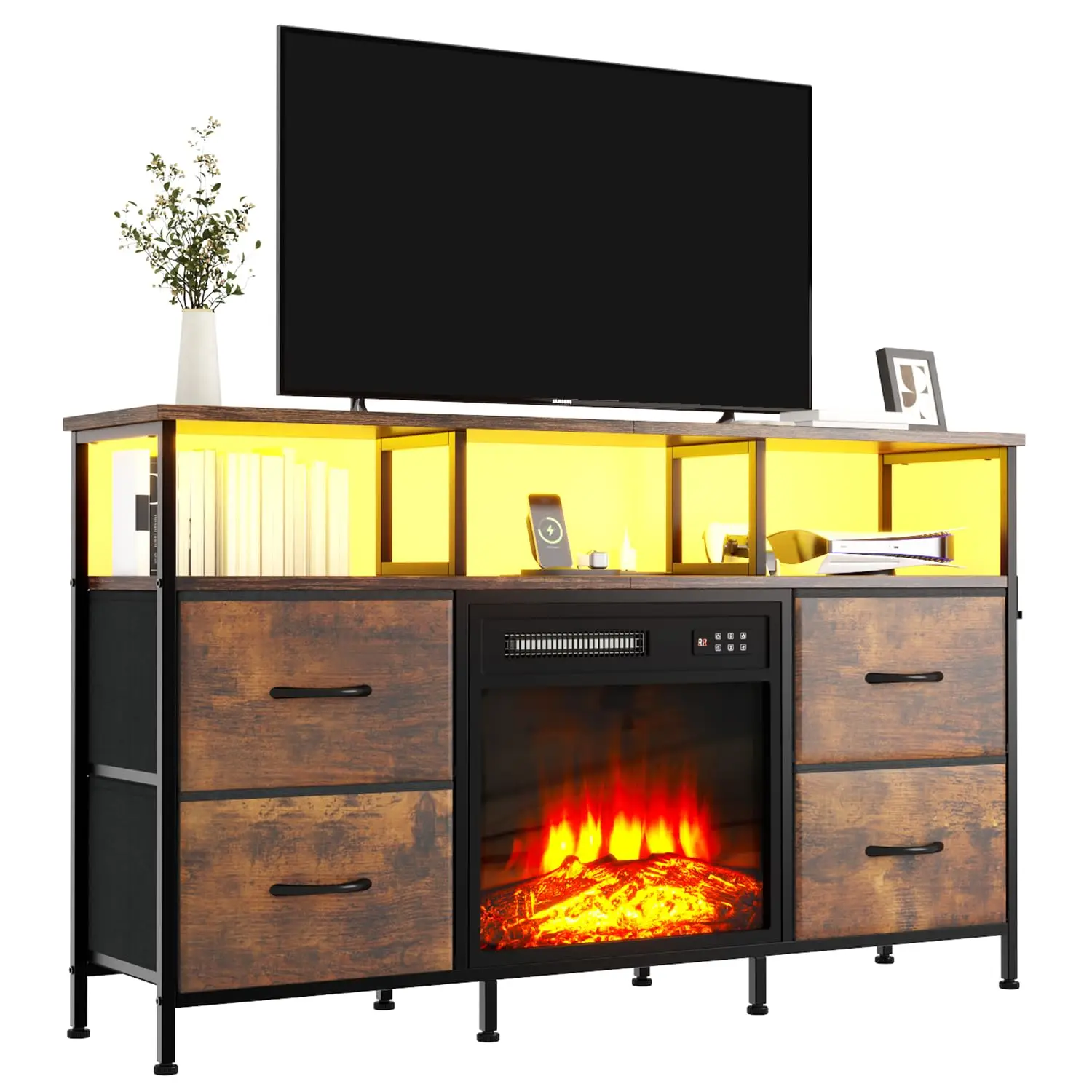 TV Stand with Power Outlets & LED Lights Fireplace Entertainment Center Open Shelf for 43-50 Inch TV, Customized