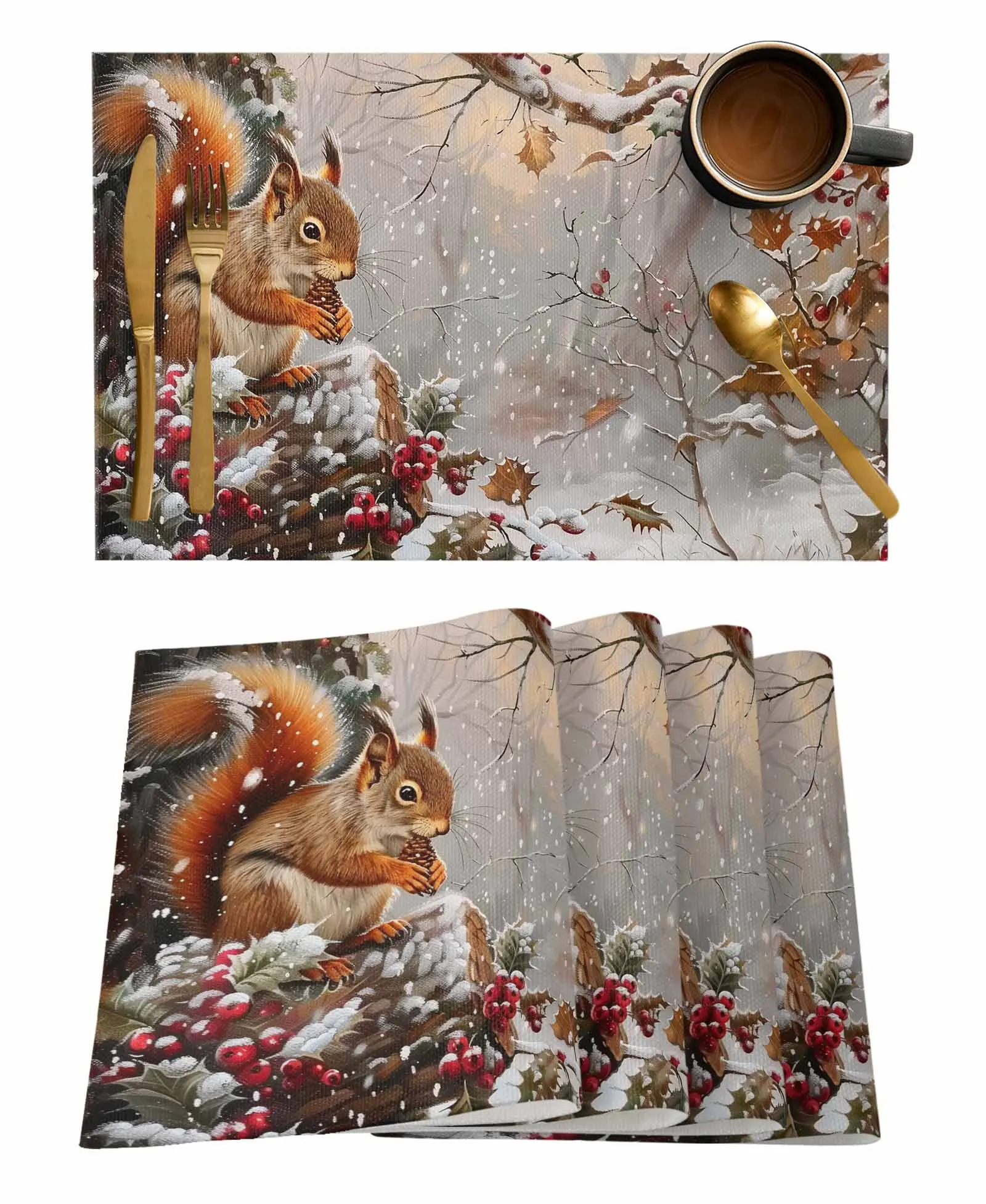 Christmas Squirrel Snowflake Pine Tree Table Runners for Dining Room Home Decoration Tablecloth 4/6 Pcs Placemats Table Cover