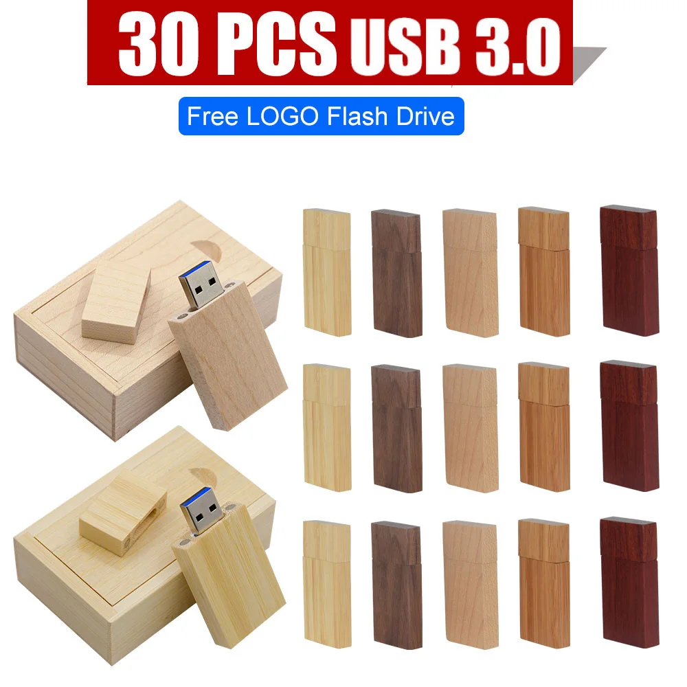 30 шт./лот флешка Usb 3.0 деревянная + коробка Pendrive 8 ГБ 16 ГБ 32 ГБ 64 ГБ 128 ГБ U диск Бесплатный индивидуальный логотип для фотографии свадебный подарок