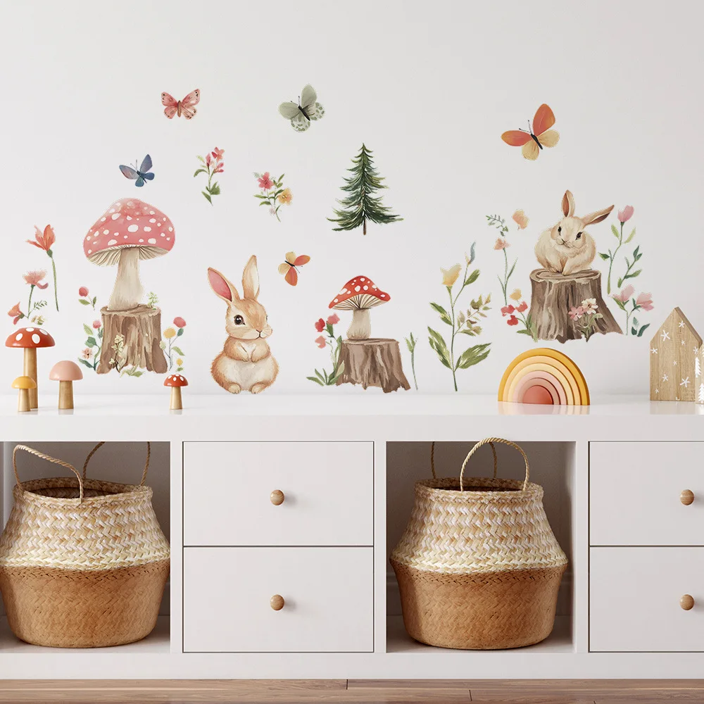 Pequeño conejo de dibujos animados, tocón de árbol, bosque, dormitorio, sala de estar, fondo de pared del hogar, embellecimiento, pegatinas decorativas para pared