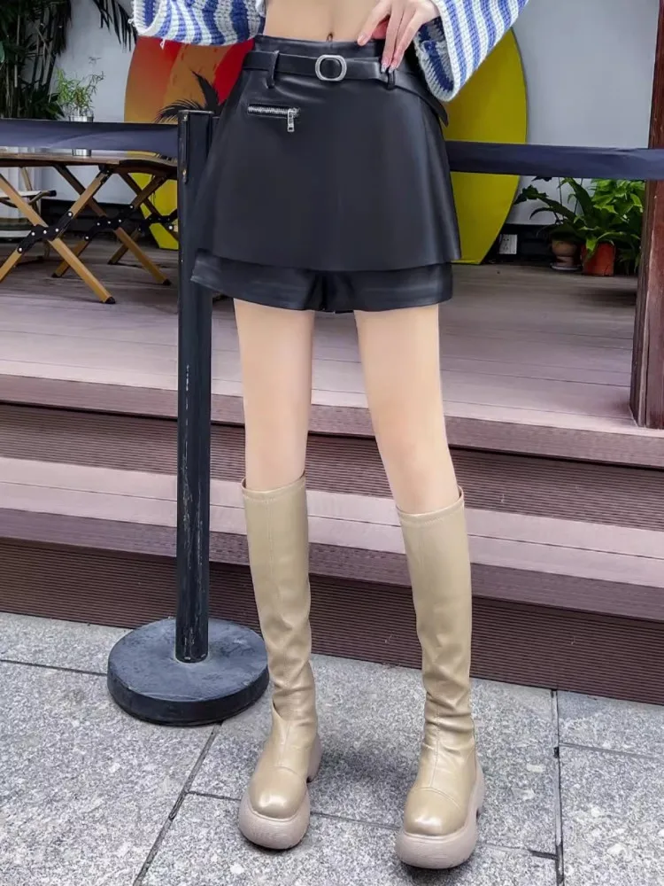 Wiosenne damskie nowe spodenki z prawdziwej skóry owczej spódnice Slim Fit spodenki z szerokimi nogawkami kobiece casualowe w stylu Streetwear spodnie Boot Cut — zdjęcie 3