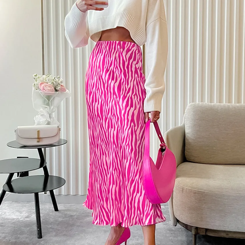 

Fashion Zebra Skirts Women High Waist Contrast Color Summer Dress French Style Pink Vintage Fishtail Skirt Elegant Dressing