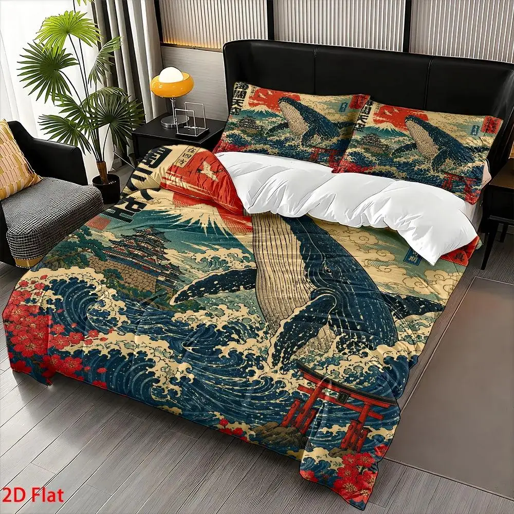 Soft Duvet Cover Set, 2D Flat Printed Duvet Cover Set, Bedding Set with Whale Leaping in the Waves Japanese Ukiyo-E Theme, Machine Washable, Invisible Zipper, Large Duvet Cover Set, Bedding Set, Quilt Cover