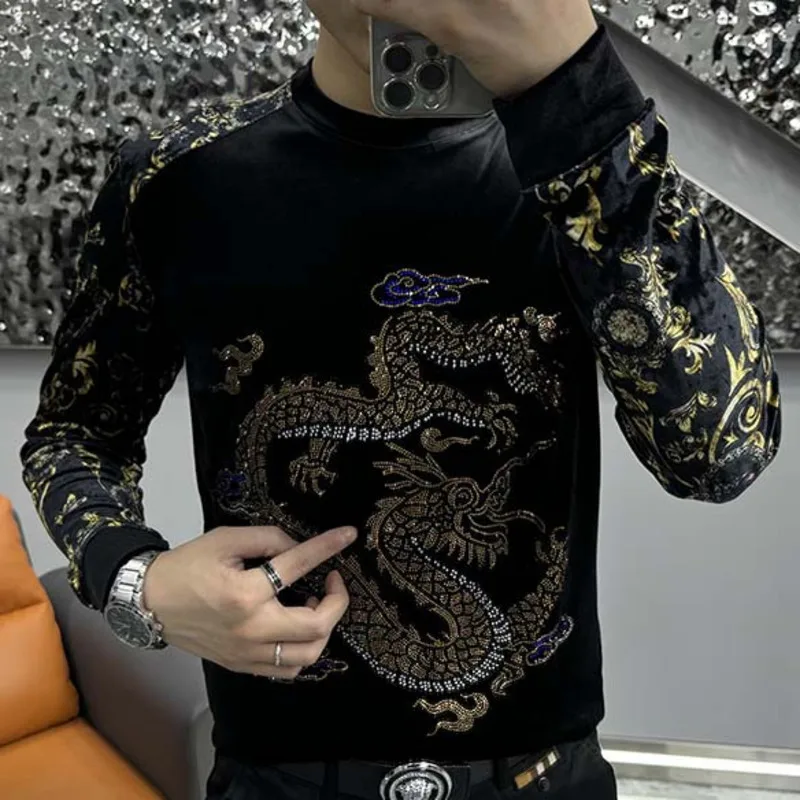 Top Quality Dragon Print Pattern Men Hoodie Long Sleeve T-Shirt Trend Top Casual Fall Velvet Long Sleeves Pullover Men Clothing