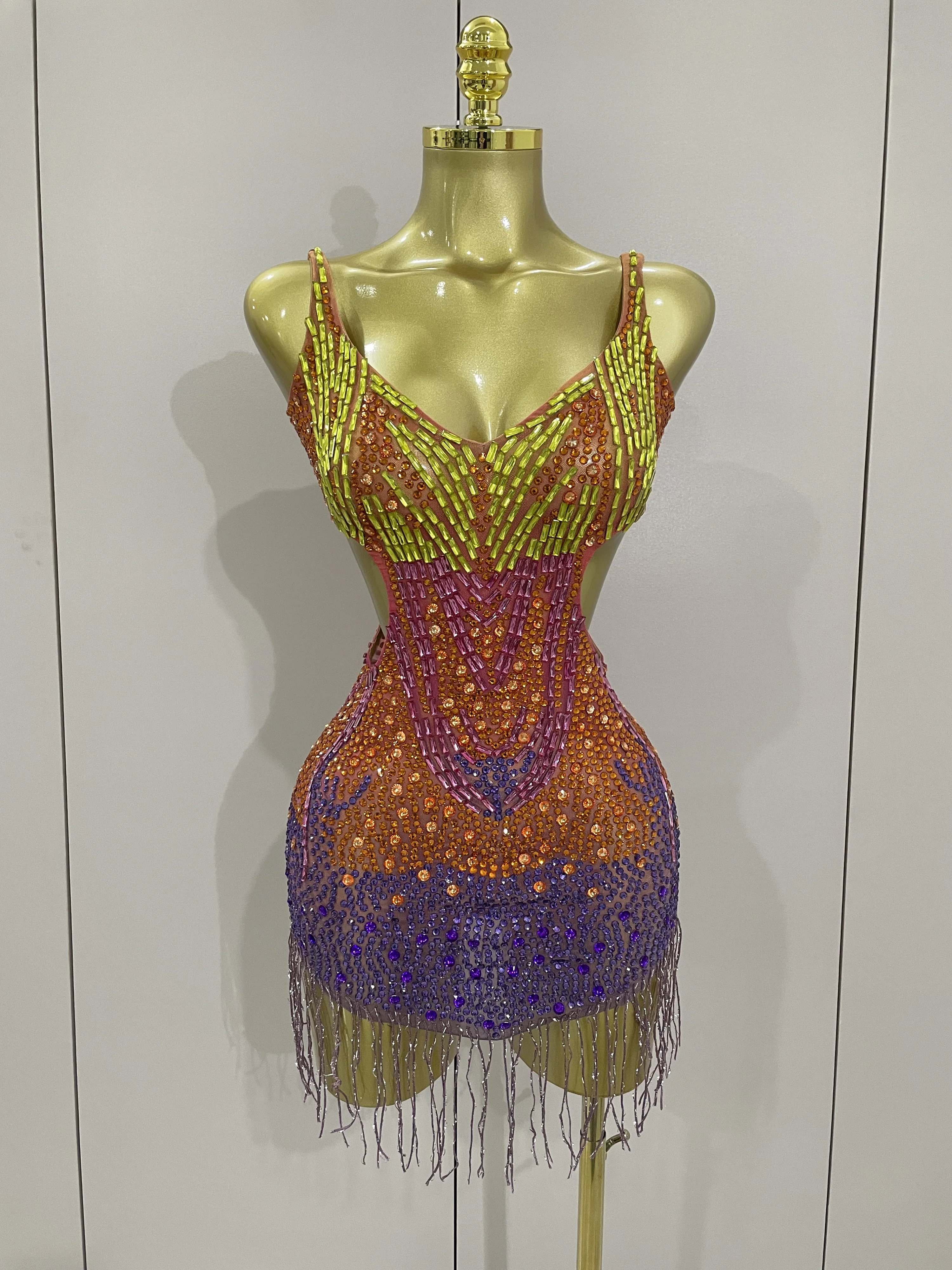 

2025 Sparkly Colorful Rhinestones Sexy Hollow Out Tassel Short Dress Women Evening Party Birthday Dress Nightclub Stage Costume