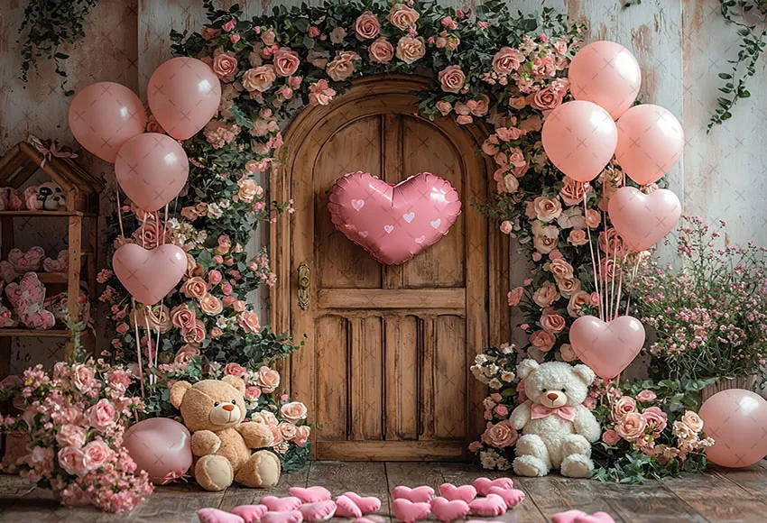 Mehofond Photography Background Valentine's Day Wood Door Flower Balloon Bear Kids Birthday Portrait Decor Backdrop Photo Studio