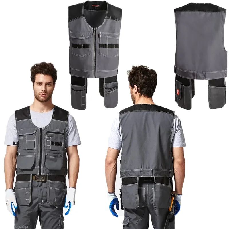 Work Clothing Men's Vest Tooling Clothes Multi-pockets Working Vest Workwear Vest Waistcoat For Maintenance Zipper Pockets