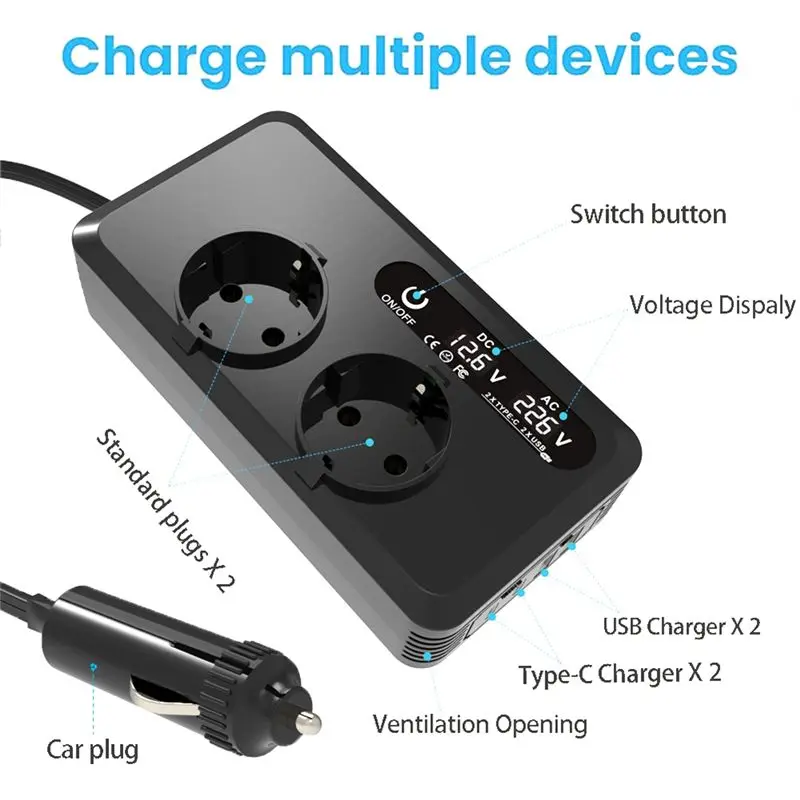 Car Plug Converter 200W DC 12V To 230V AC Power Inverter With USB Ports LED Screen Adapter