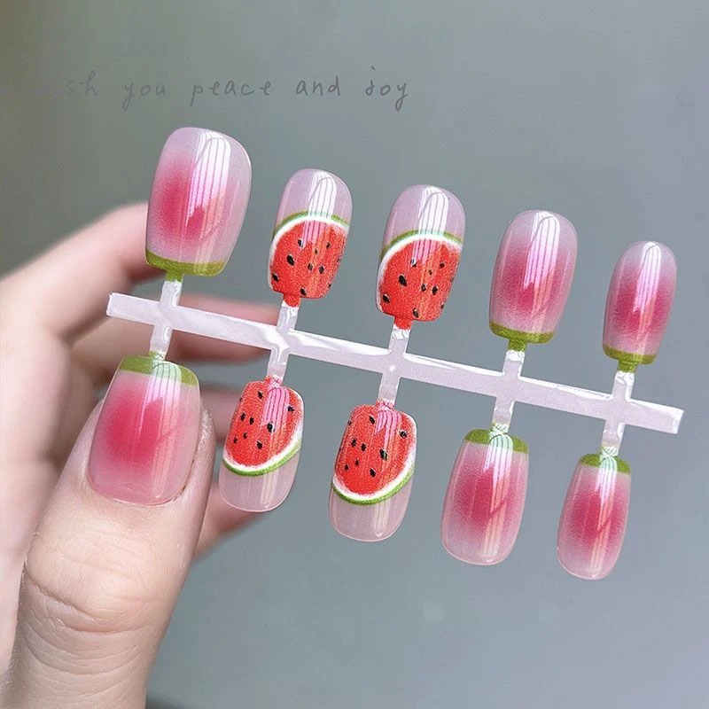 10 قطعة الأظافر وهمية الوردي الصيف مع الغراء لطيف البطيخ الصحافة الاصطناعية على الأظافر قصيرة اليدوية امرأة قابلة لإعادة الاستخدام الأظافر كاذبة نصائح