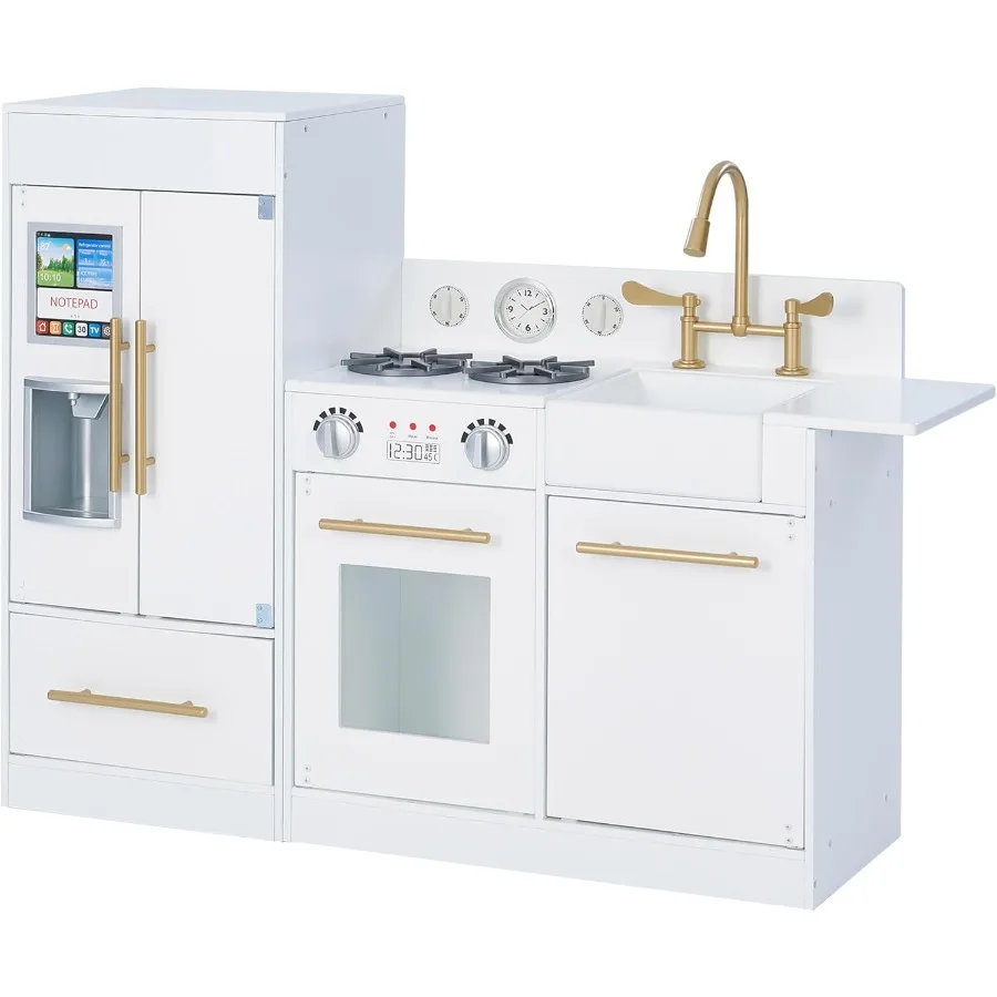 

Little Chef Charlotte Modern Modular Interactive Wooden Play Kitchen with Refrigerator, Stove and Sink in White with Gold Finish