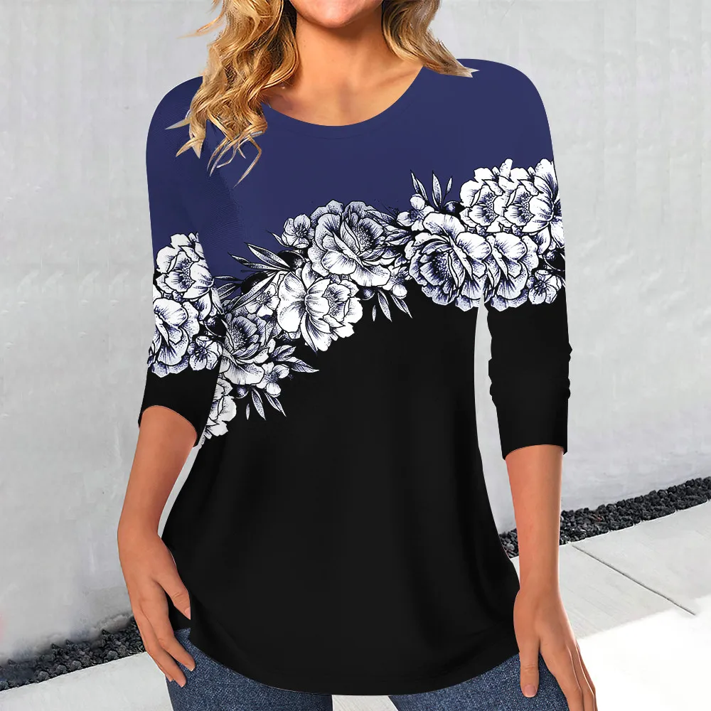 Women\'s Casual Rose Print T Shirt For Women Elegant Fashion Female Clothes Streetwear Vintage Long Sleeve Loose Tops Oversized
