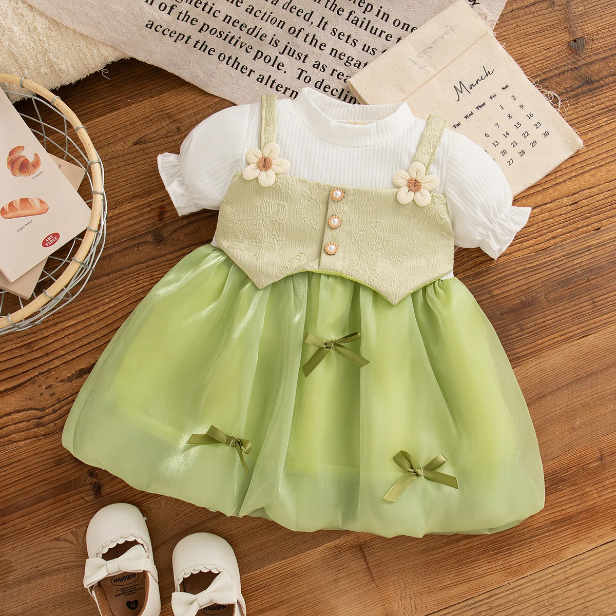 slim fit dress slacks Floral Smocked Green Silk Short Sleeve Baby Dress – Carriage Boutique main image 0
