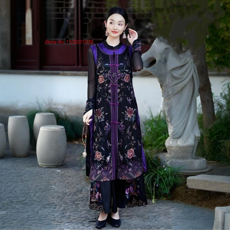 2025 chinois vintage hanfu hauts traditionnel satin jacquard col montant gilet rétro fleur broderie folk gilet sans manches veste