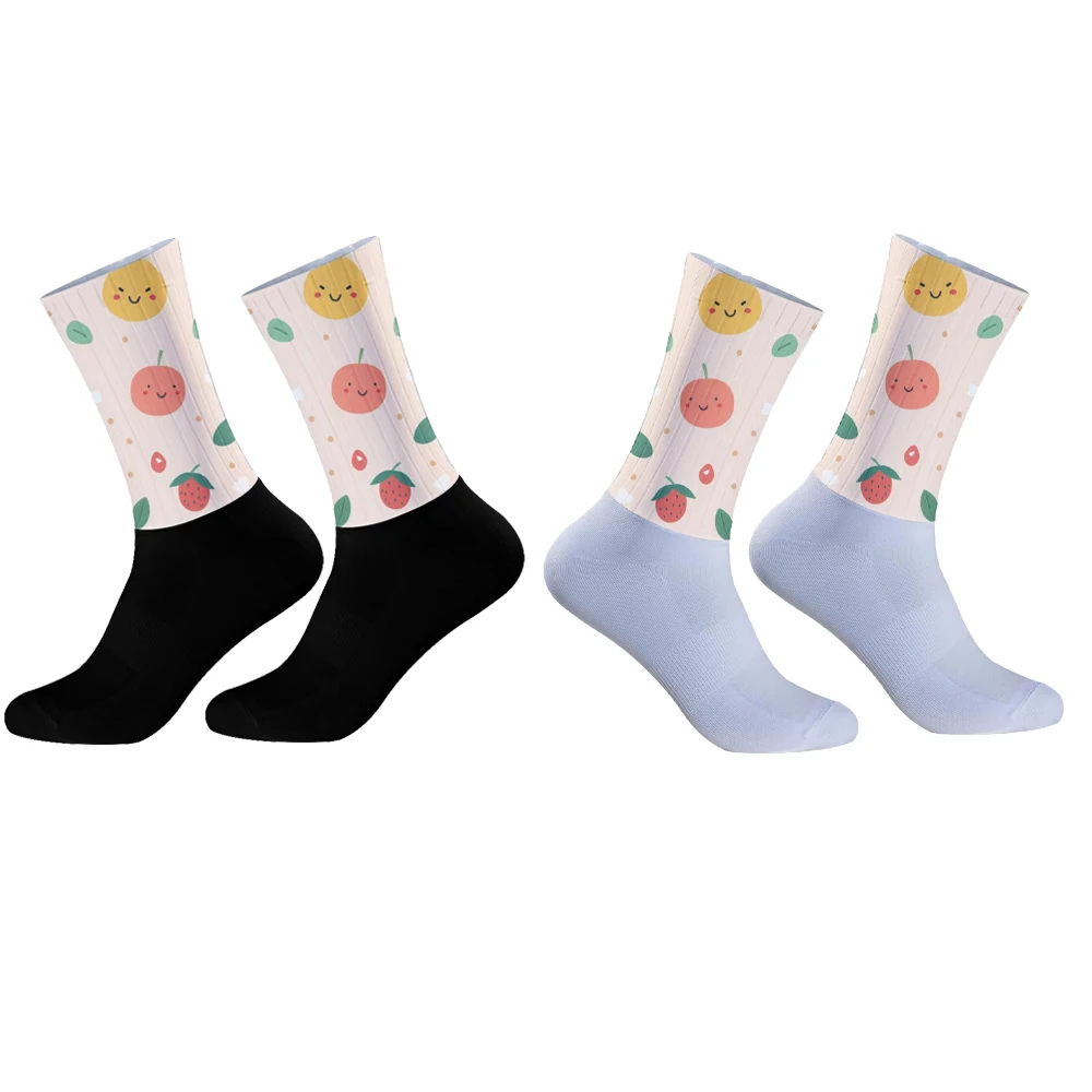 

Веселые велосипедные носки с фруктами, черно-белые велосипедные носки с красочной улыбкой, ананасом, солнцем и мультяшным принтом