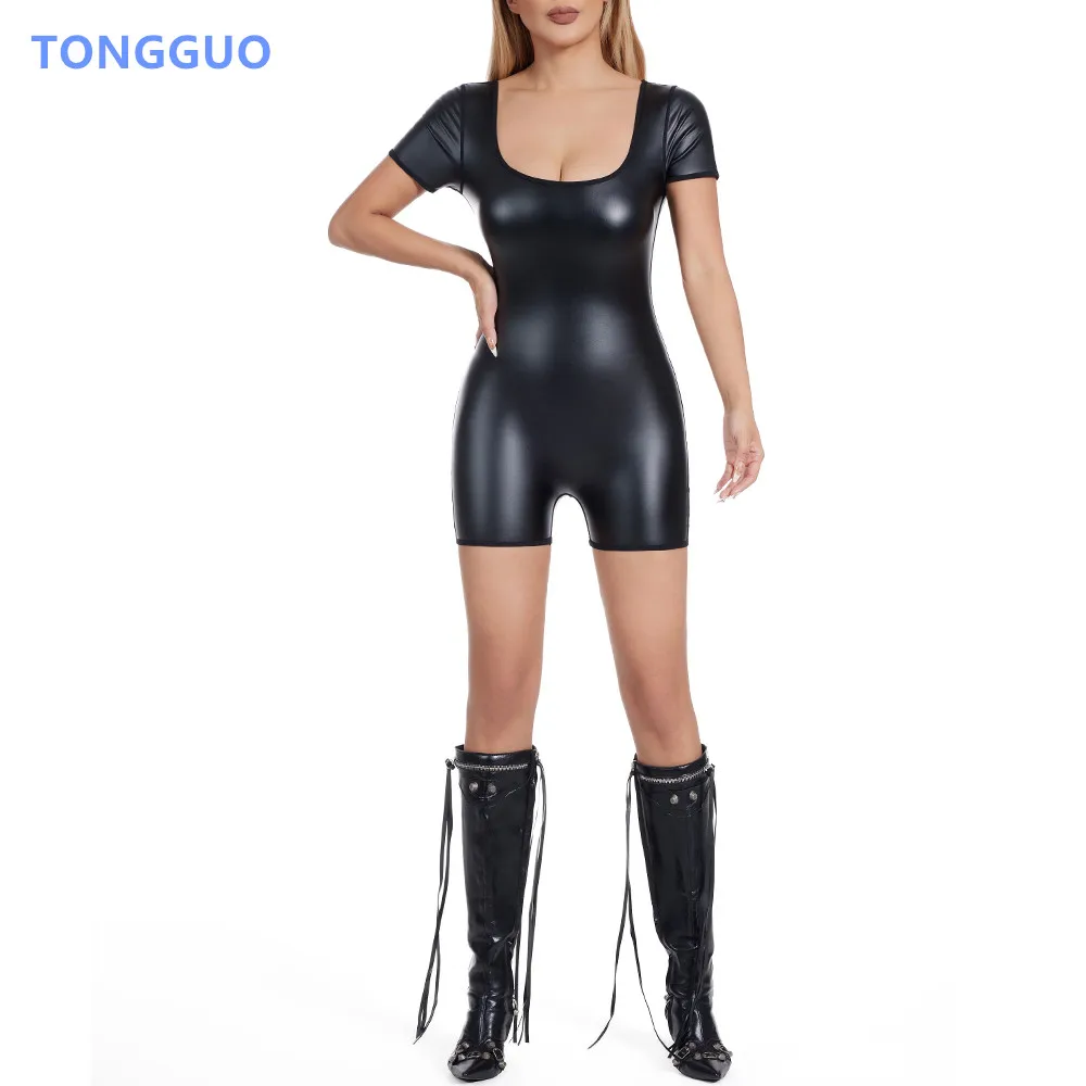 Women's Leather Shorts Bodysuits One Piece Outfits Sexy Shapers Short-sleeved Shirt Jumpsuits Rompers Playsuits Party Club Night