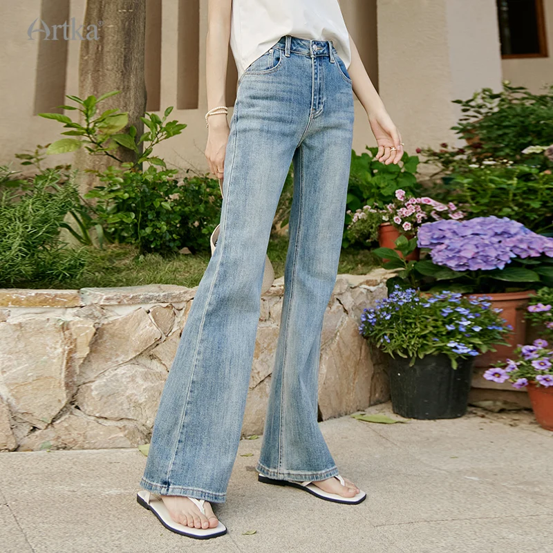 

ARTKA 2024 Spring Summer New Women Jeans Fashion High Waist Bell-bottoms Jeans Heart Slim Washed Long Denim Trousers KN92042X