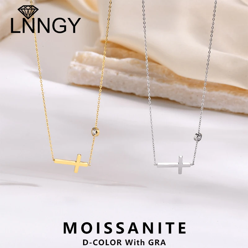 

Lnngy 925 Silver Necklace for Women Men Sideway Cross Choker Necklaces Certificated 4MM Moissanite Chain Link Christian Jewelry