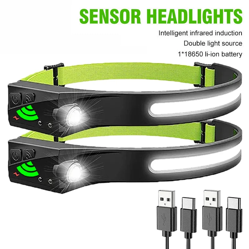 1-10PCS COB Sensor Headlamp USB Rechargeable Camping Search Light Built-in Battery Headlight Led Head Torch for Fishing Camping