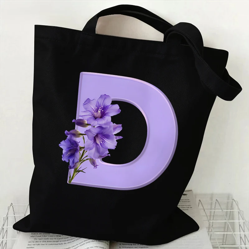موضة الأرجواني الزهور قماش حمل حقيبة للنساء A-Z 26 الأبجدية حقيبة يد Harajuku المتسوق حقائب الجمالية حقيبة كتف الإناث #4