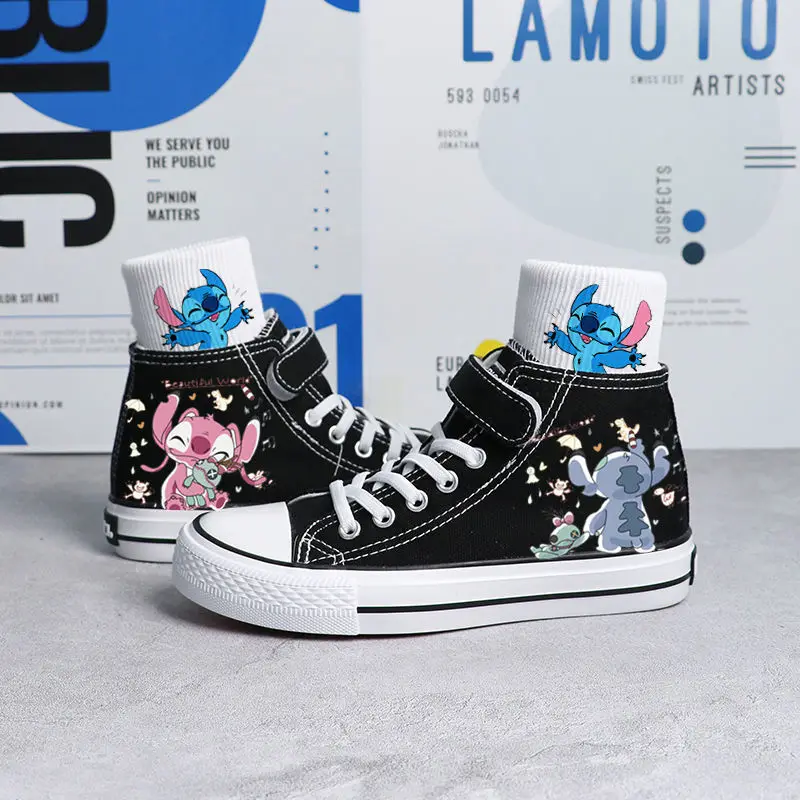 Kids Canvas Shoes Stitch Children Cartoon Hand-Drawn High Top Fashion Casual Canvas Sneakers Boys Girls Shoes Size 26-37