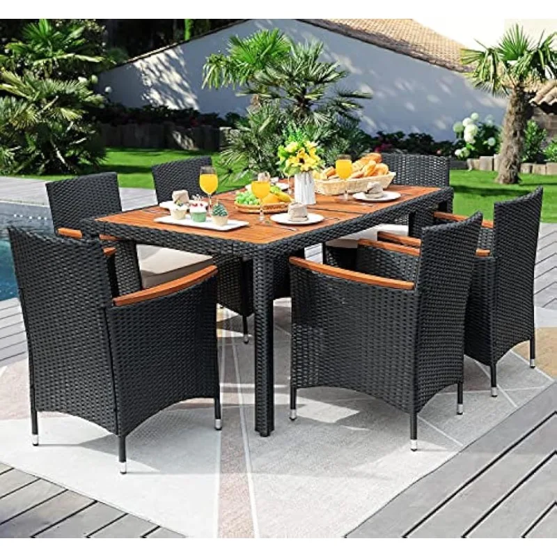 7 PCS Outdoor Patio Dining Set, Outdoor Patio Furniture Set, Rattan Chairs with Large Wood Table for Garden and Yard