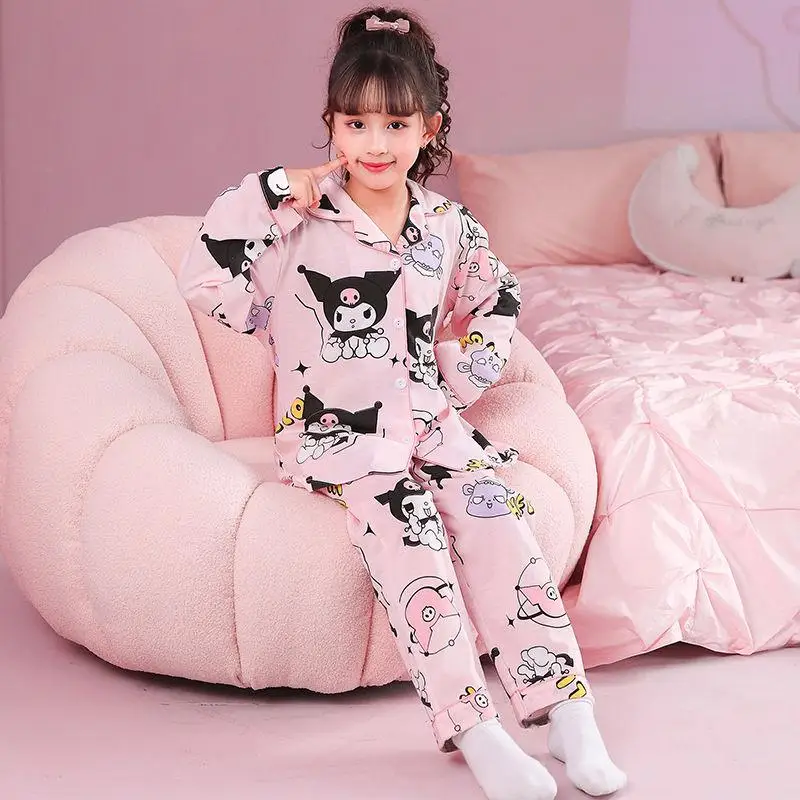 Hot Pajama Set Sanrio Kuromi Hello Kitty Children Pajamas Spring and Autumn Cotton Material Girl Kawaii Cartoon Lovely Fashion