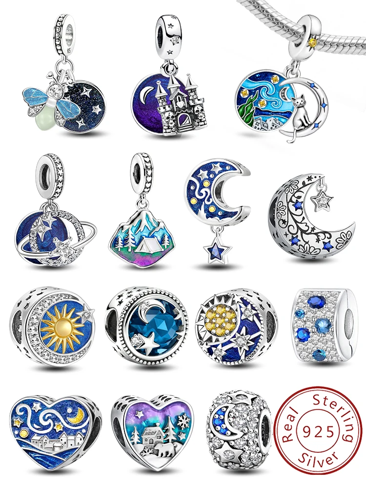 

925 Sterling Silver Snow Mountain Scenery Starry Sky Charms Beads Fit Original Pan Bracelet Bangle High Quality DIY Jewelry