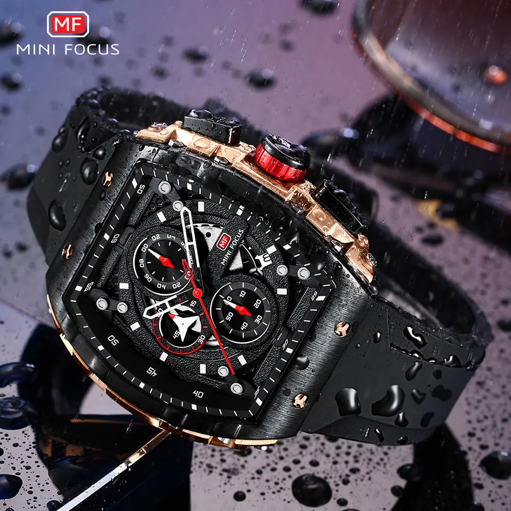 MINI FOCUS Chronograph Quartz Watches for Men Military Sport Silicone Strap Waterproof Wristwatch with Tonneau Dial Auto Date