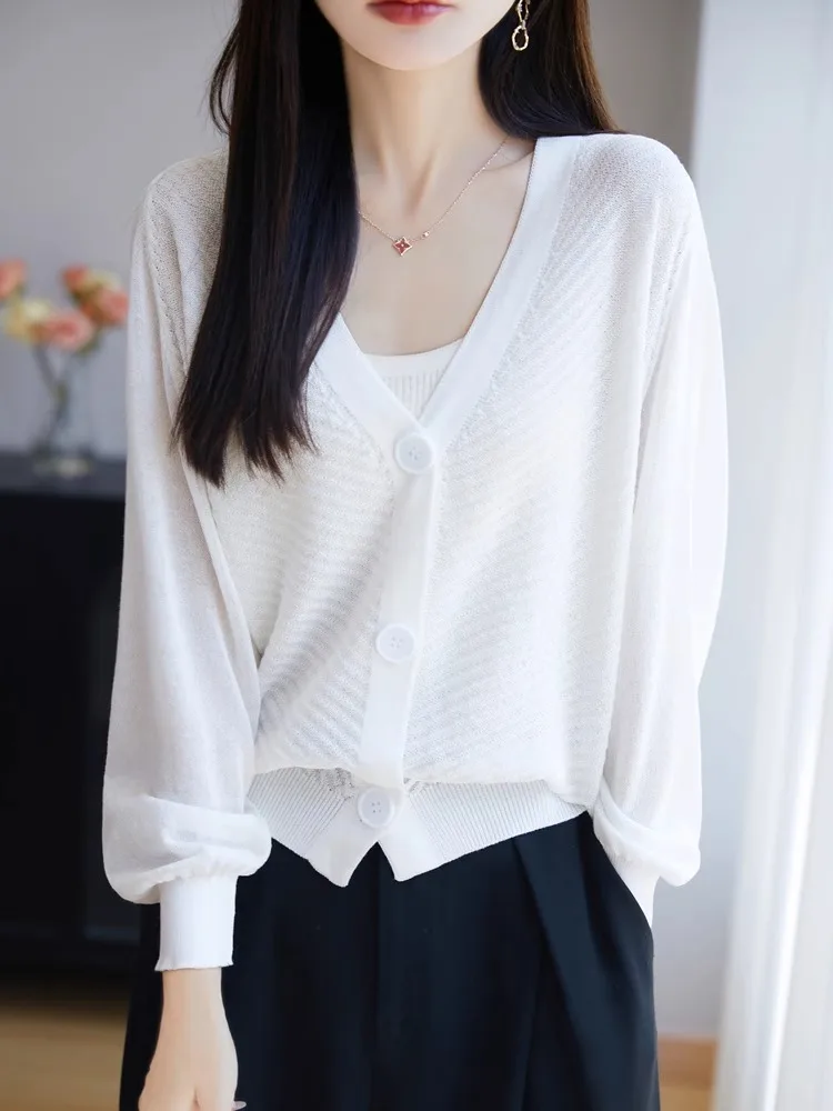 

New Ice Silk Long Sve Knitted Open Cardigan Women's Pure Color Thin Breathable Air Conditioned Sun Protection irt Versat...