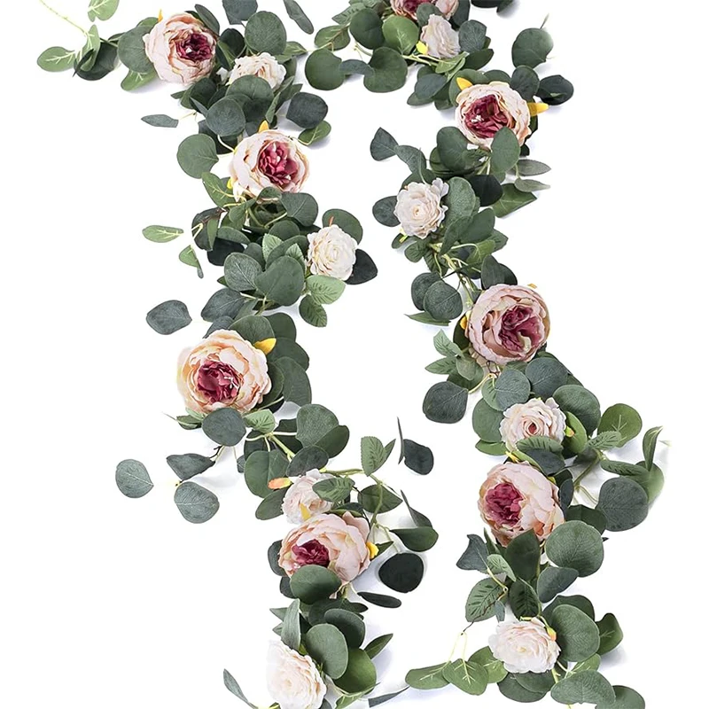 1pcs Artificial Flowers Garland Eucalyptus Vintage Fake Flower Peony Rose Vine Greenery Decorative Wall Wedding Hanging Decor