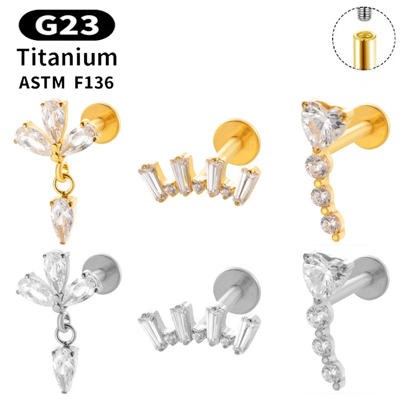 1PC G23 titane Piercing lèvres goujons fil interne oreille Stud Labret CZ pendentif Cartilage Tragus FlatBack Lobe Piercing bijoux