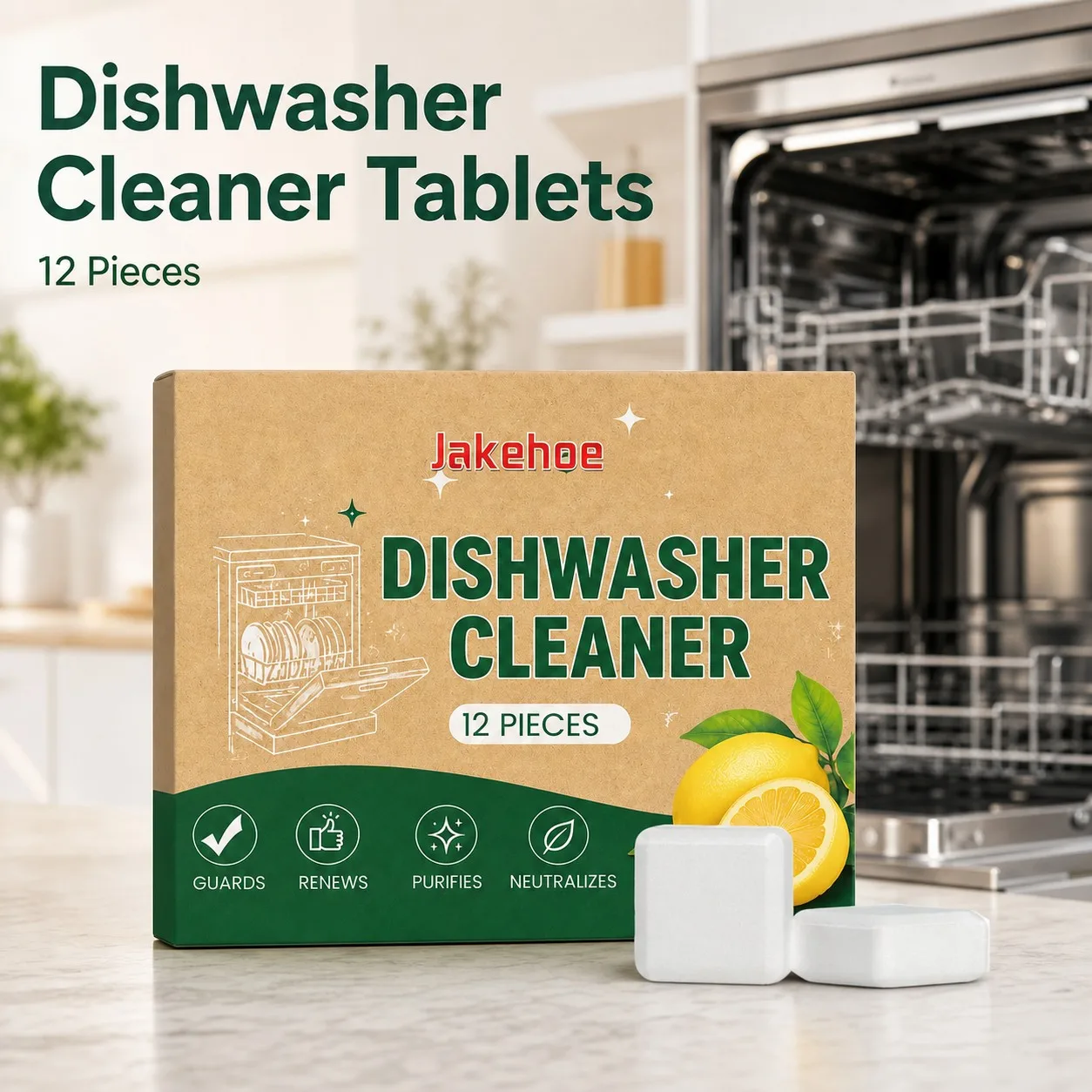 Jakehoe Dishwasher Cleaner Tablets 12 Pieces Deep Cleaning Deodorizing Limescale Grease Odor Removal for Kitchen Dishwashers