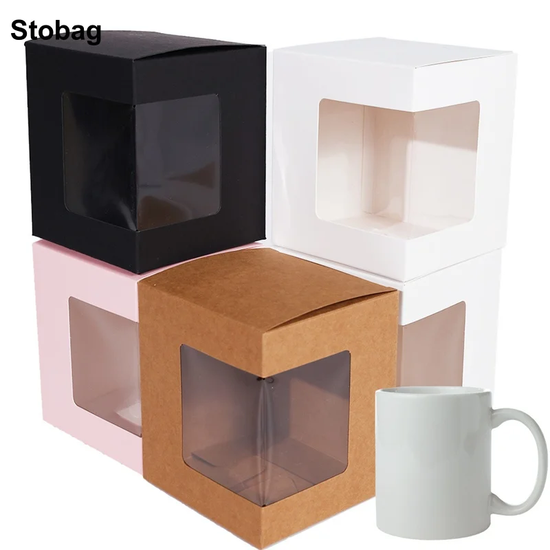 

StoBag 20pcs Kraft Paper Cup Gift Box with Clear Window Packaging for Cake Candy Cookies Storage Baking Birthday Party Favor