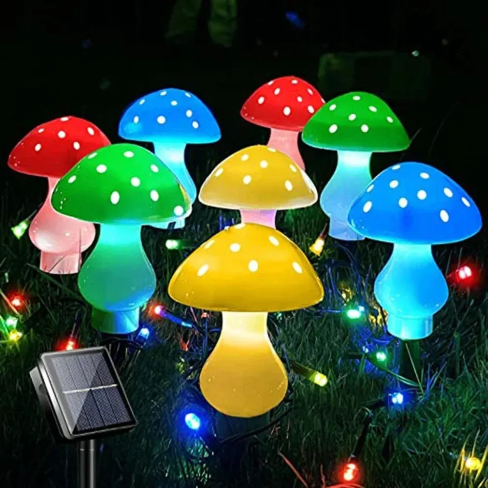 Solar outdoor lights, cute garden mushroom outdoor decorative pile string lights, solar waterproof outdoor lights