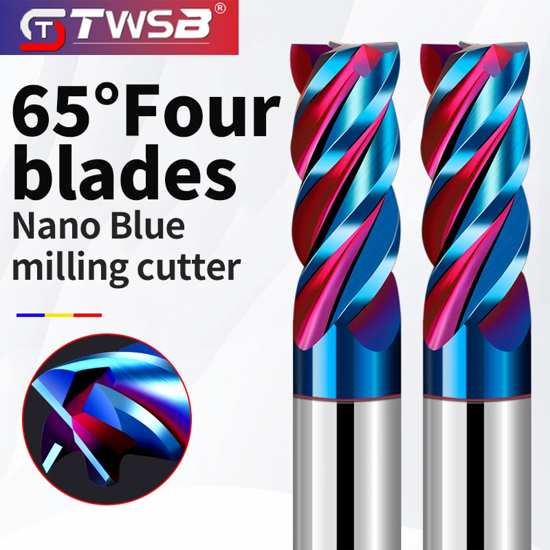 

HRC65 высококачественная нано-синяя концевая фреза с четырьмя канавками и твердосплавным прямым хвостовиком для фрезерного/токарного/сверлильного станка