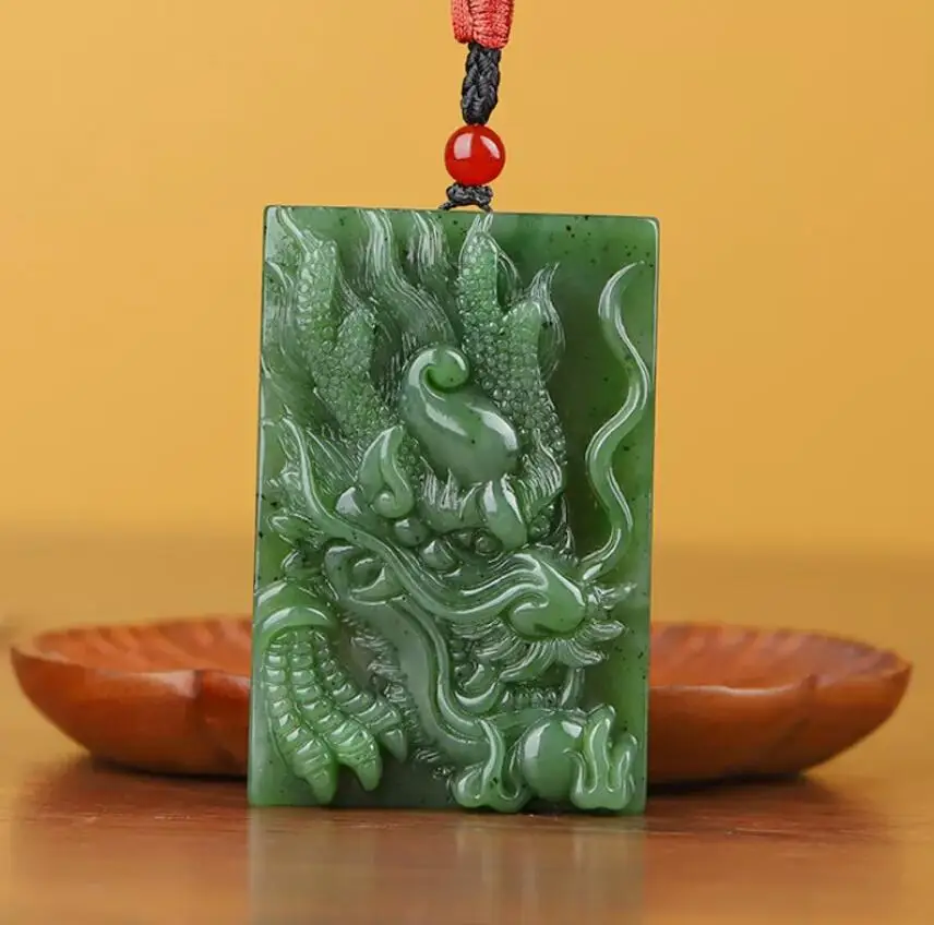 

Chinese Natural Grade A Icy Green HeTian Jade jadeite Hand-Carved pendant Dragon