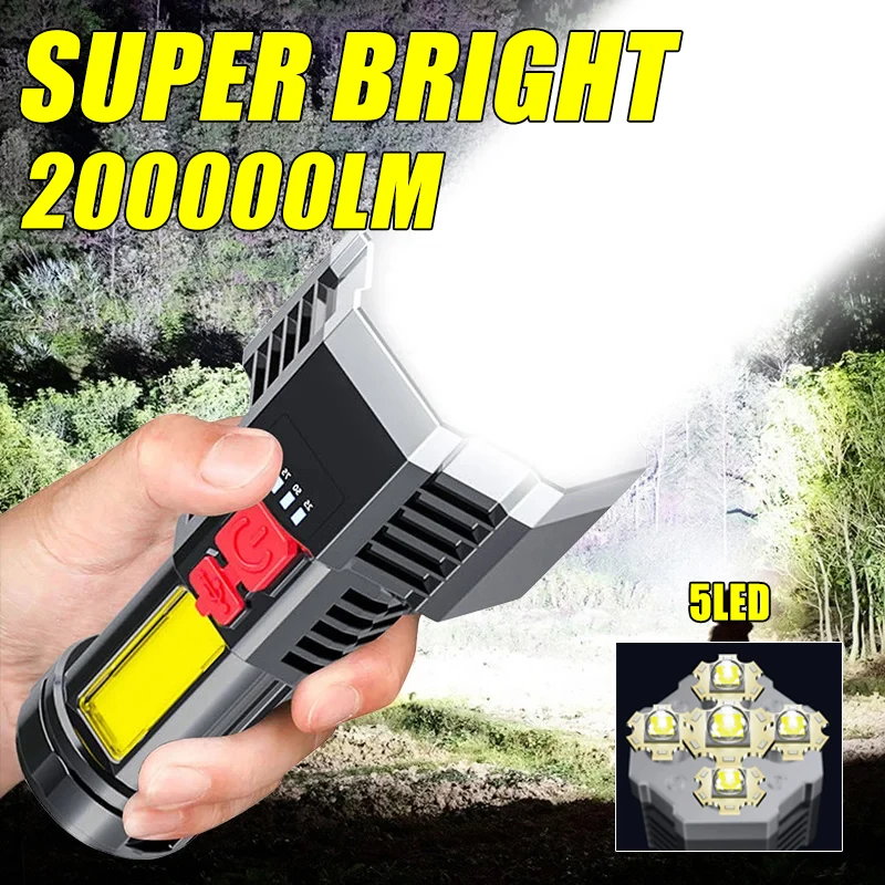 5 LED Strong Bright Tactical Flashlight USB Rechargeable Powerful Flash Torch High Power COB Portable Light Camping Lanter