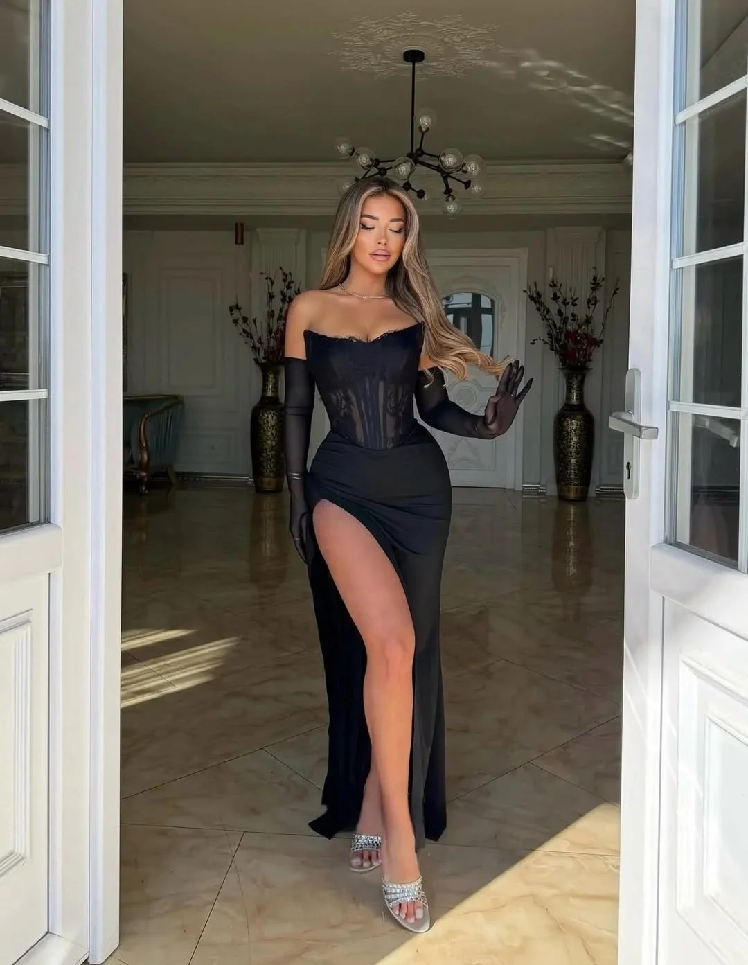 

Black Lace Slit Bespoke Occasion Gown Long Evening Dresses Pastrol Unisex Jersey Retro Dubai Saudi Arabic Prom Customized