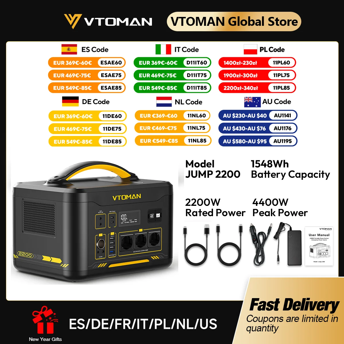 VTOMAN JUMP 2200/JUMP 1800 draagbare krachtcentrale 828/1548Wh LiFeP04 batterij zonnegenerator zonne-energie voor thuis buiten kamperen