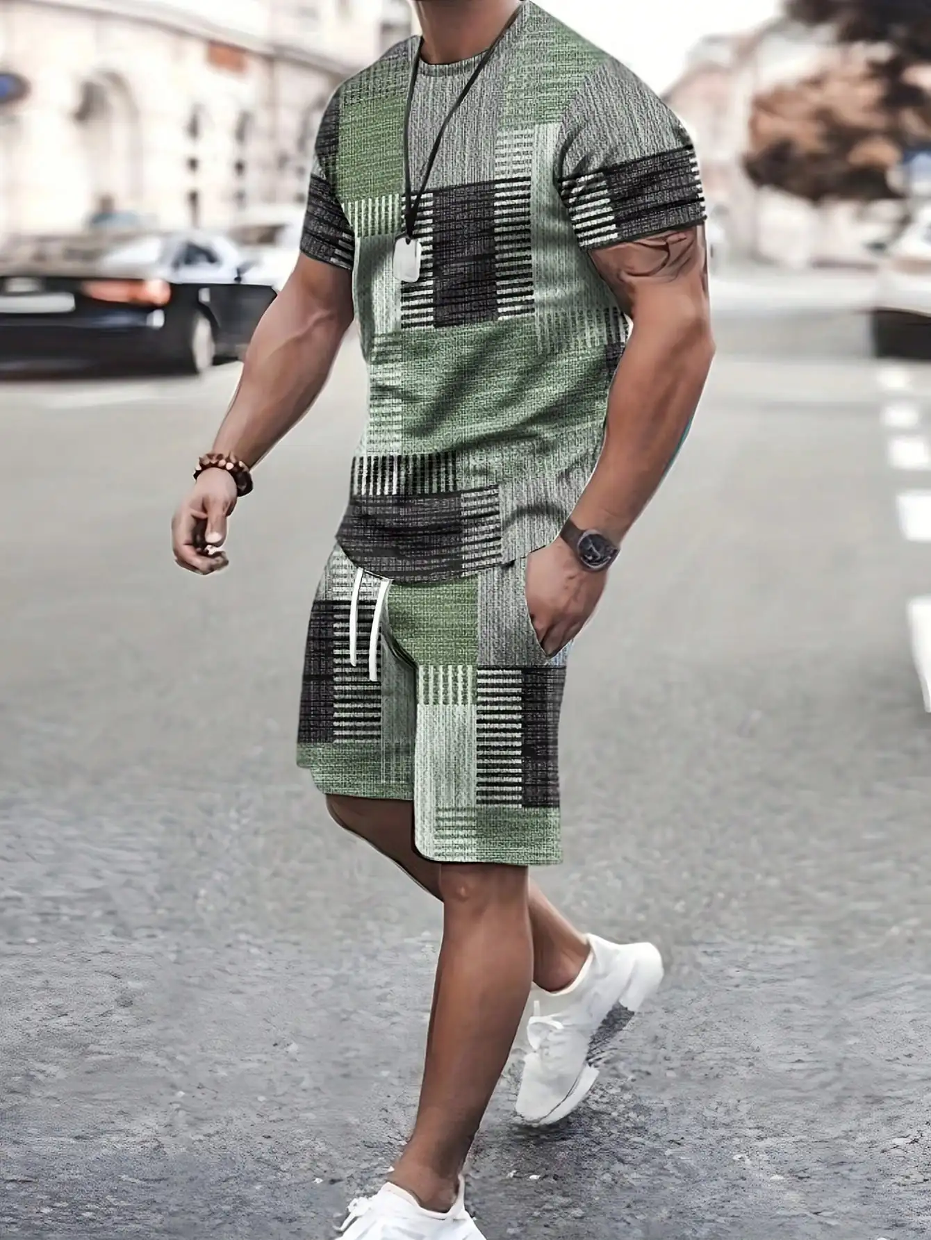 Men's Summer Plaid Printed Crew Neck Short-sleeved Casual T-shirt and Drawstring Waist Casual Shorts Set