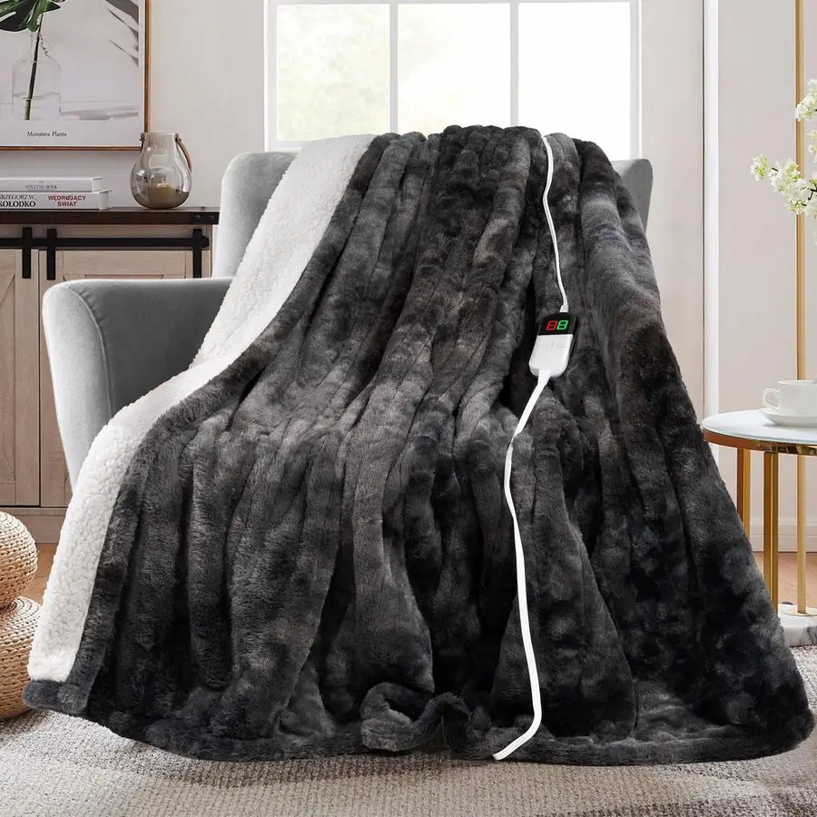 

Electric Heated Throw Faux Rabbit Fur Blanket with 8 Heating Levels amp 8 Hours Auto Off, Fast Heating Warm Cozy Sherpa Washable