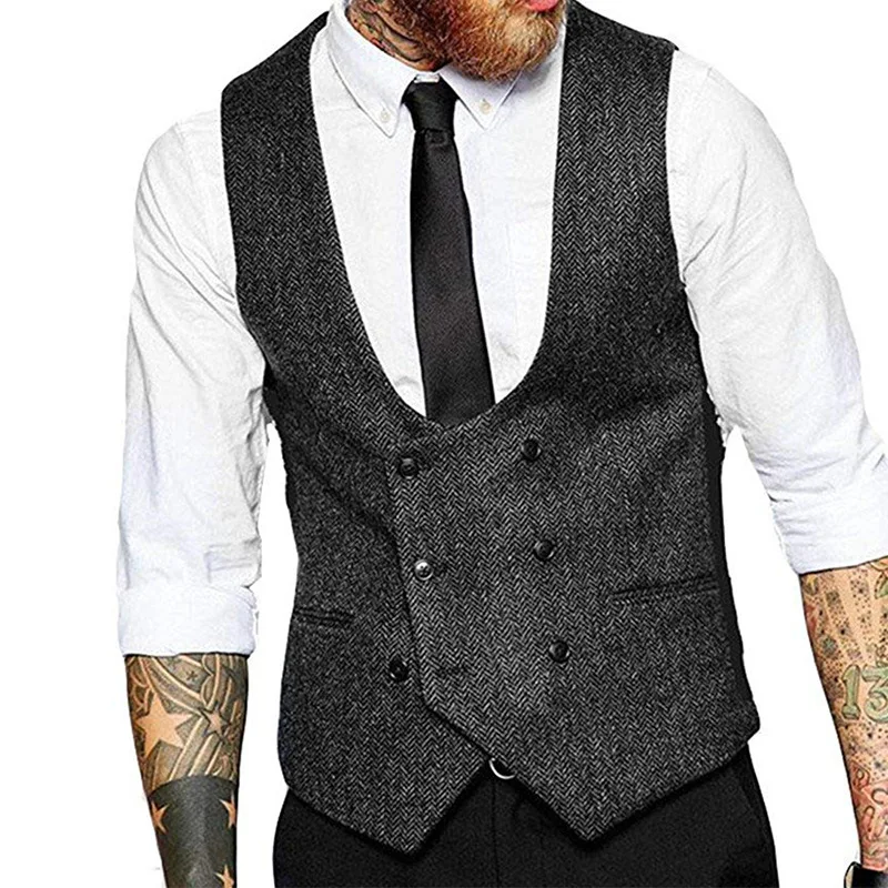 

Double-breasted U-neck Men Vests Tweed Man Waistcoat Brown Black Groomman Wedding Clothing Jacket Style Steampunk Business