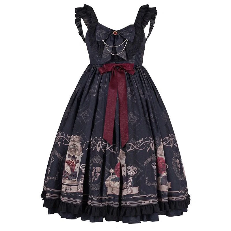 Vestido Vintage Lolita Jk para mujer, vestido negro gótico con lazo y volantes para fiesta, vestido japonés Kawaii para vacaciones, Vestidos victorianos sin mangas
