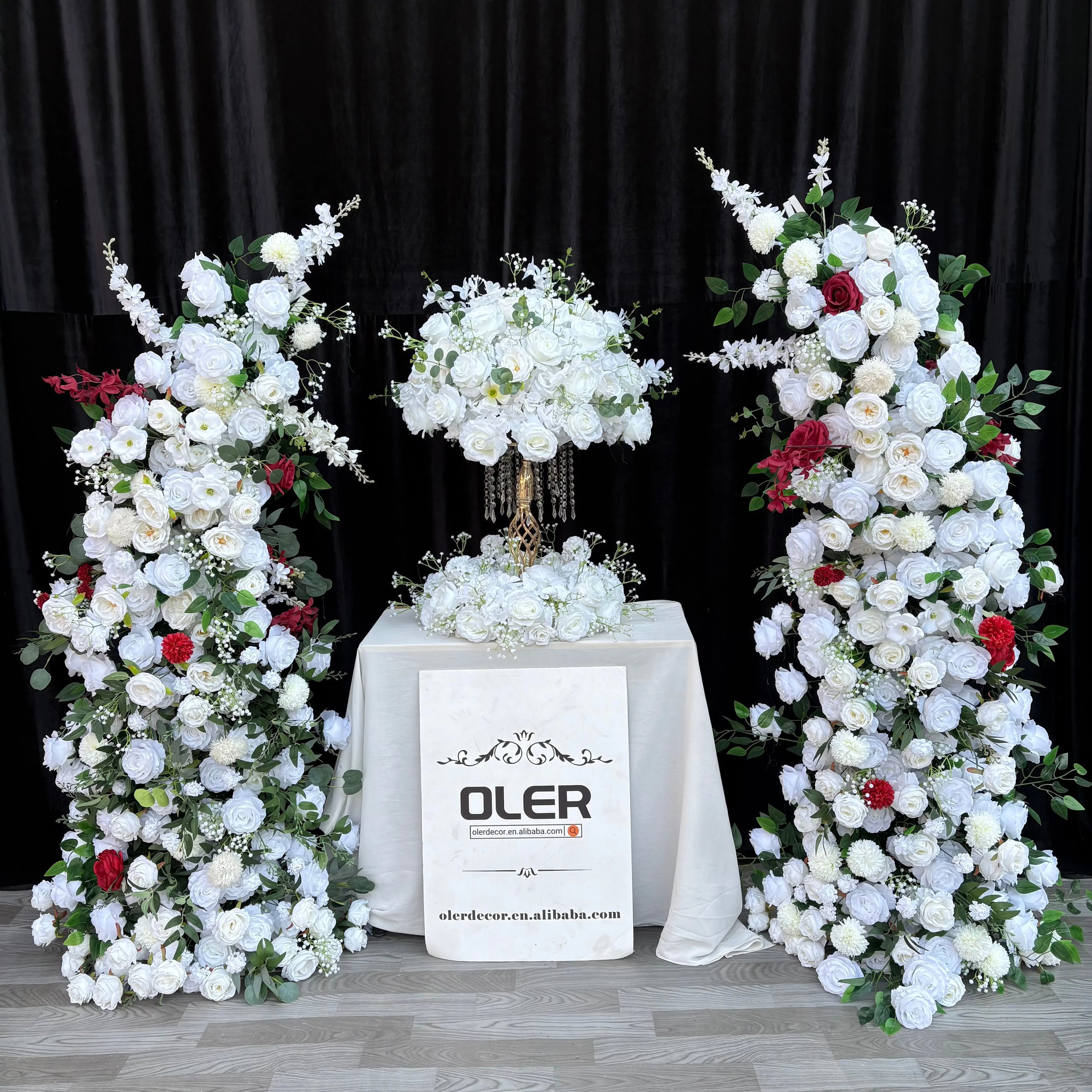 

White & Red And Green Silk Artificial Flower Arch For Wedding Entrance And Backdrop Decoration Hot Sale Artificial Flower Rows