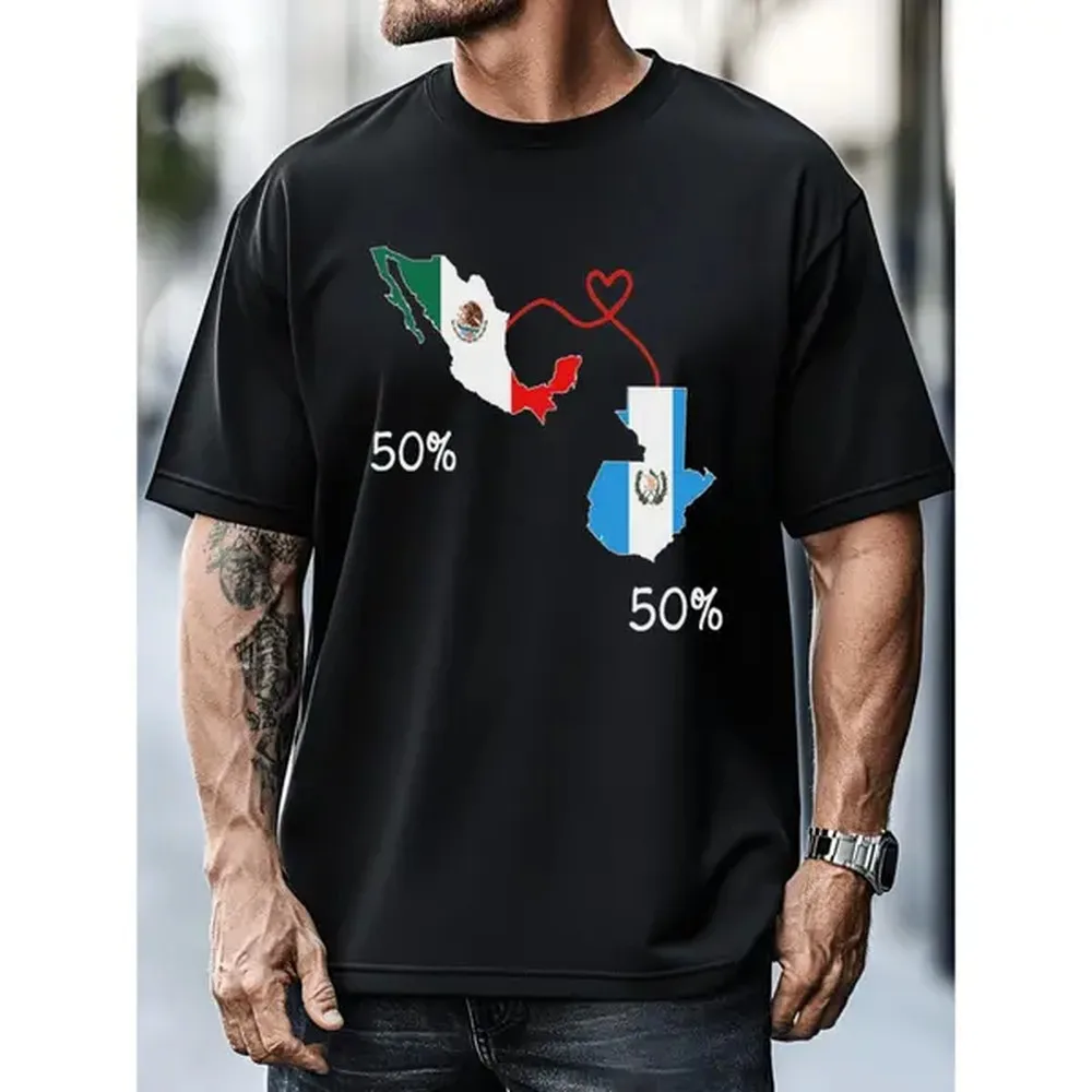 Men's Graphic T-Shirt with Mexican & Guatemalan Flag Map, Casual Short Sleeve Crew Neck in Soft, Breathable Cotton, Regular Fit for Summer, Shortsleeve, Menswear, Round Neck, Top, Tshirt, Map Print